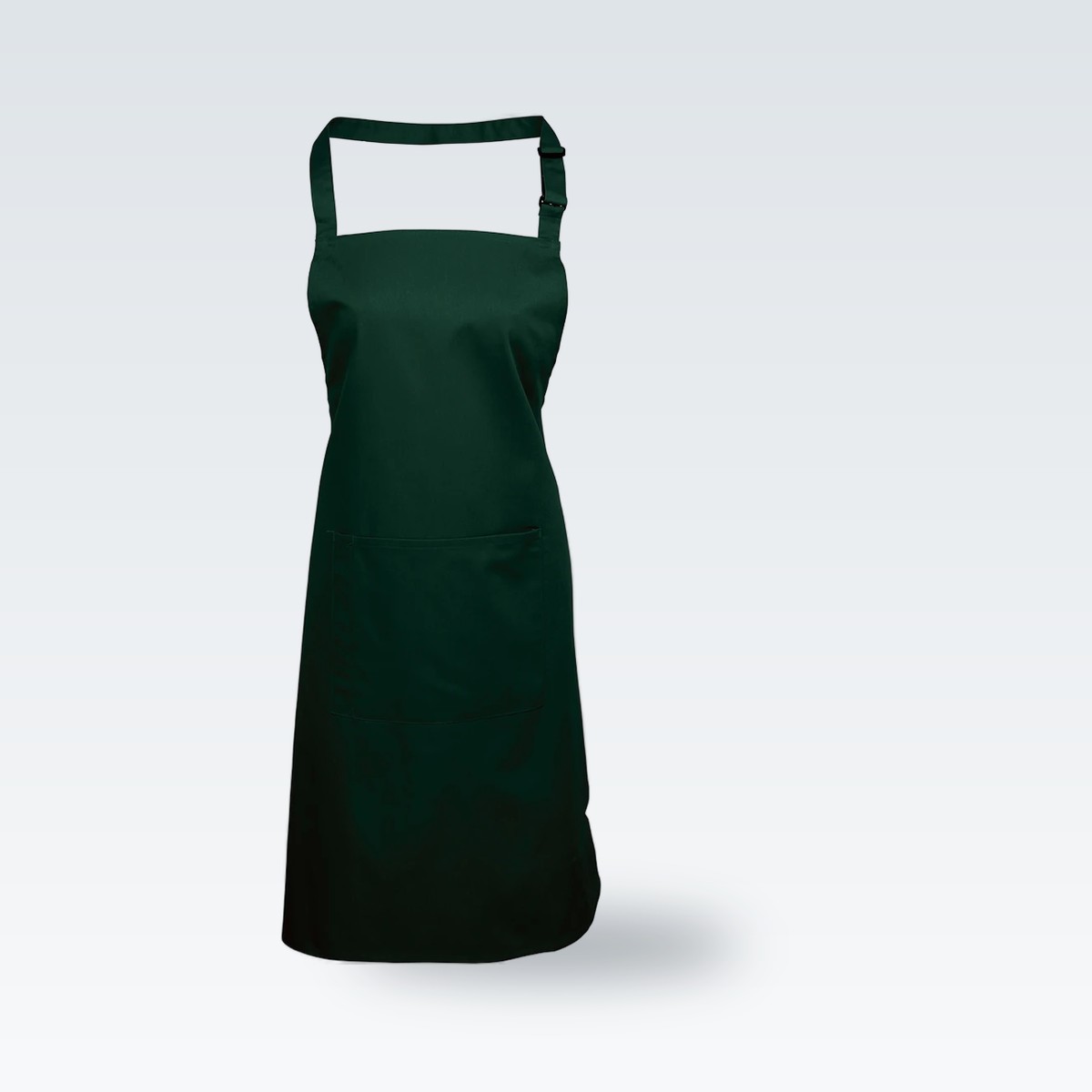 A bottle-green bib apron with a front pocket