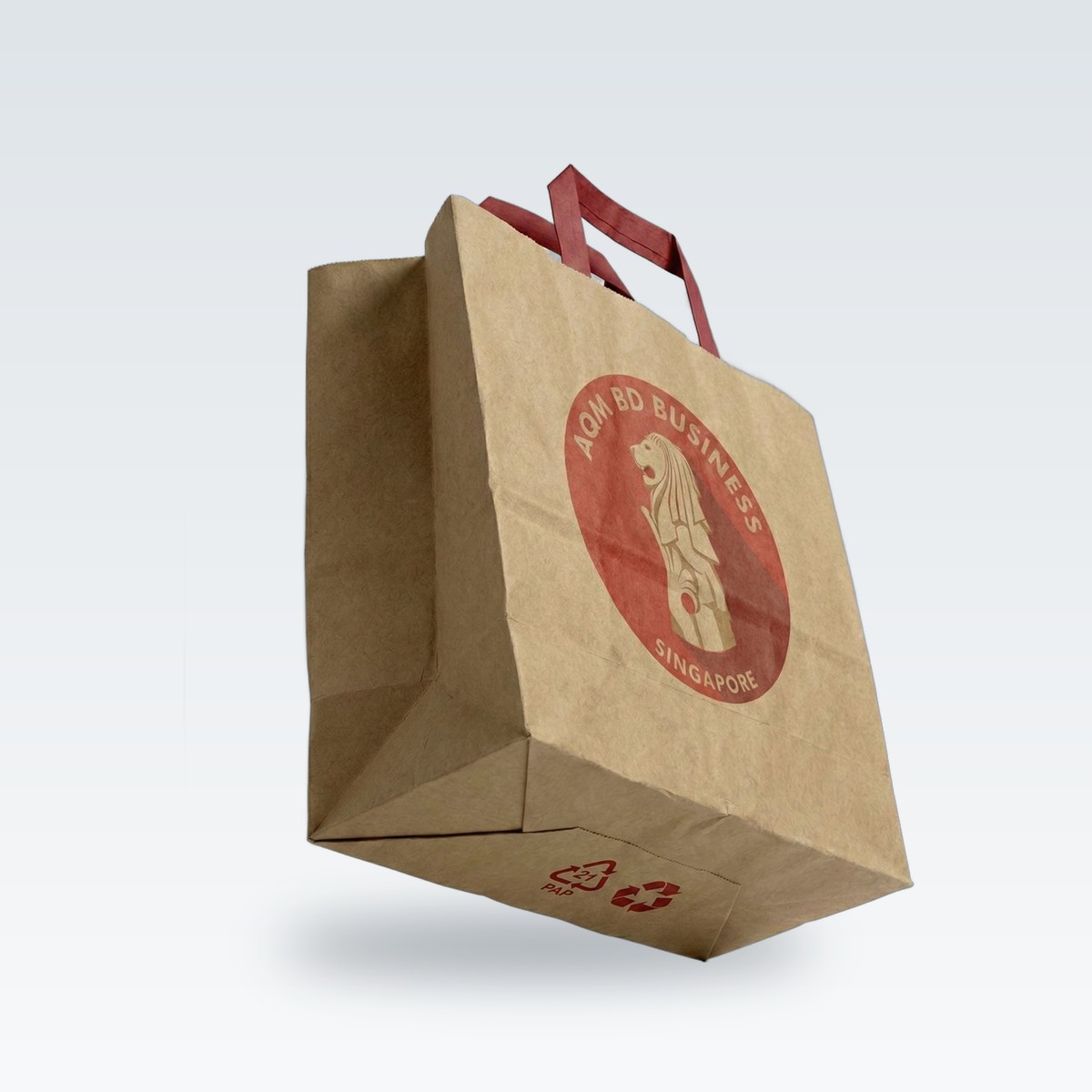 A kraft paper bag printed with the aqm logo