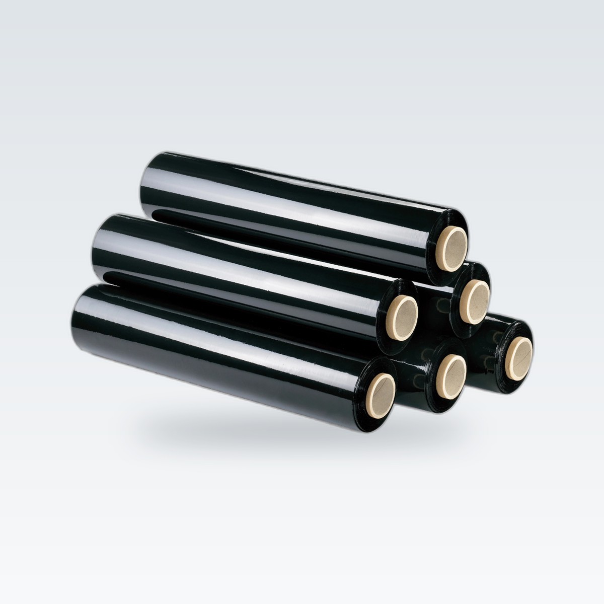 Six rolls of black stretch film stacked