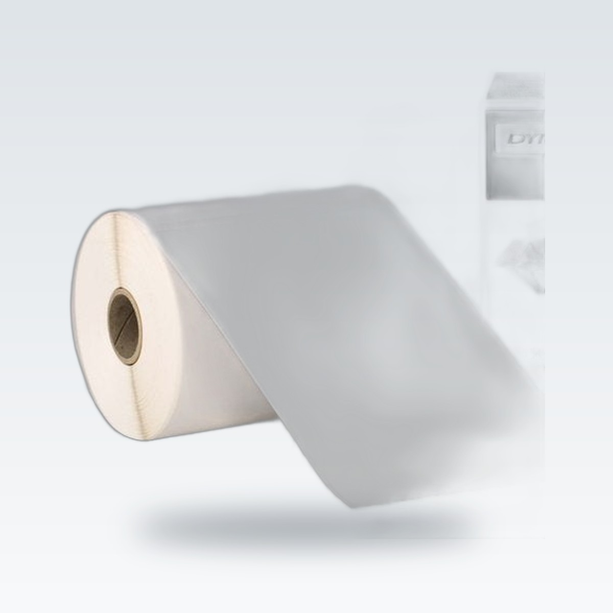 A roll of white thermal labels with labels unrolled