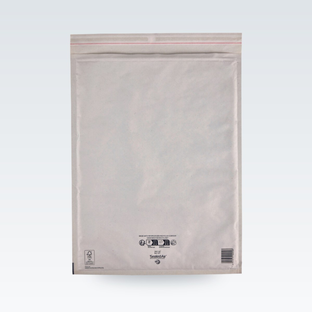 A white bubble mailer, front, closed